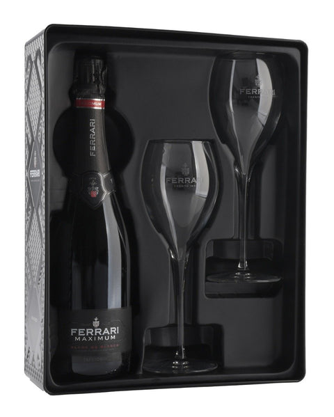 Ferrari Trento DOC Black tin Gift box 1 fles Maximum Brut + 2 flûtes NV